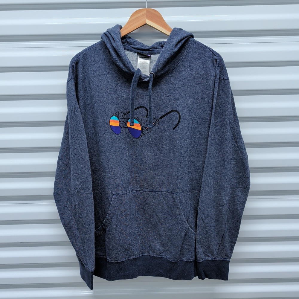 Patagonia Hoodie Size L Men Blue Organic Cotton Glacier Goggles Graphic Pullover